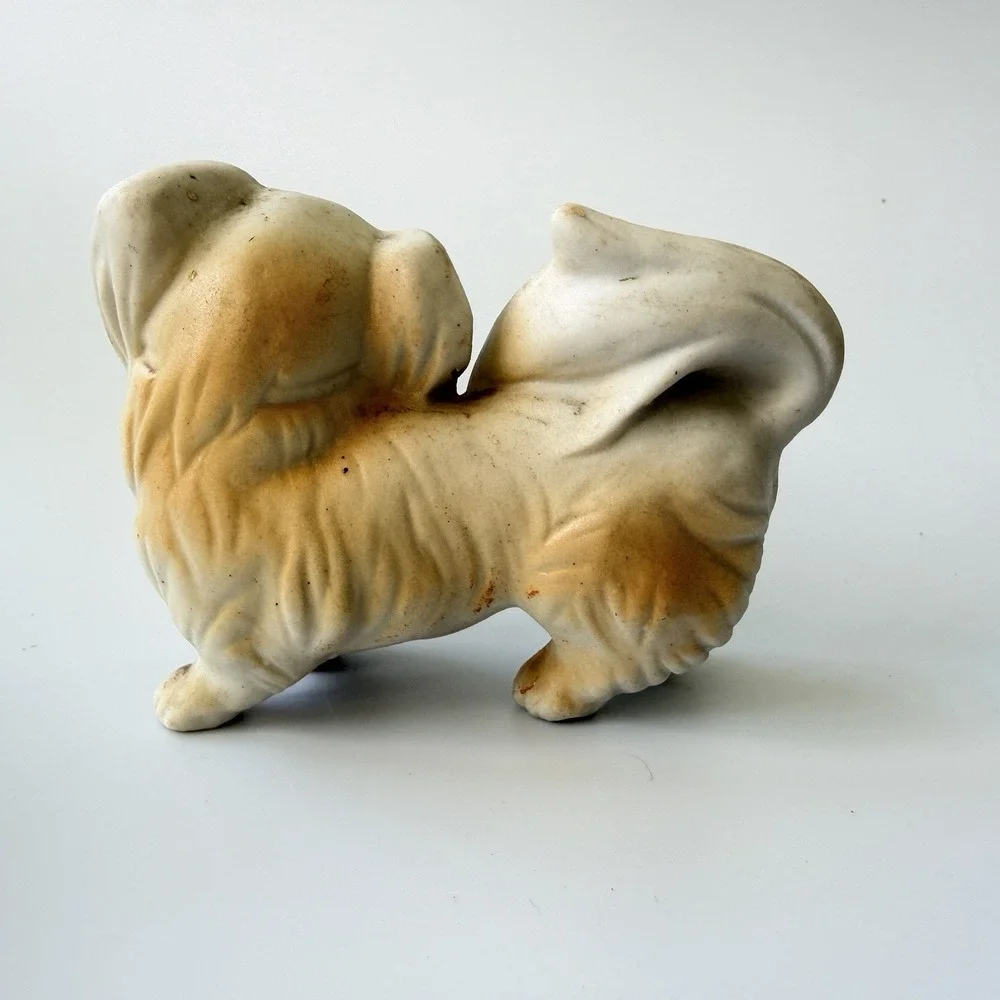 Vintage Orion Japan Ceramic Pekingese Dog Figurine Gold Bow Long Hair Puppy 3.5